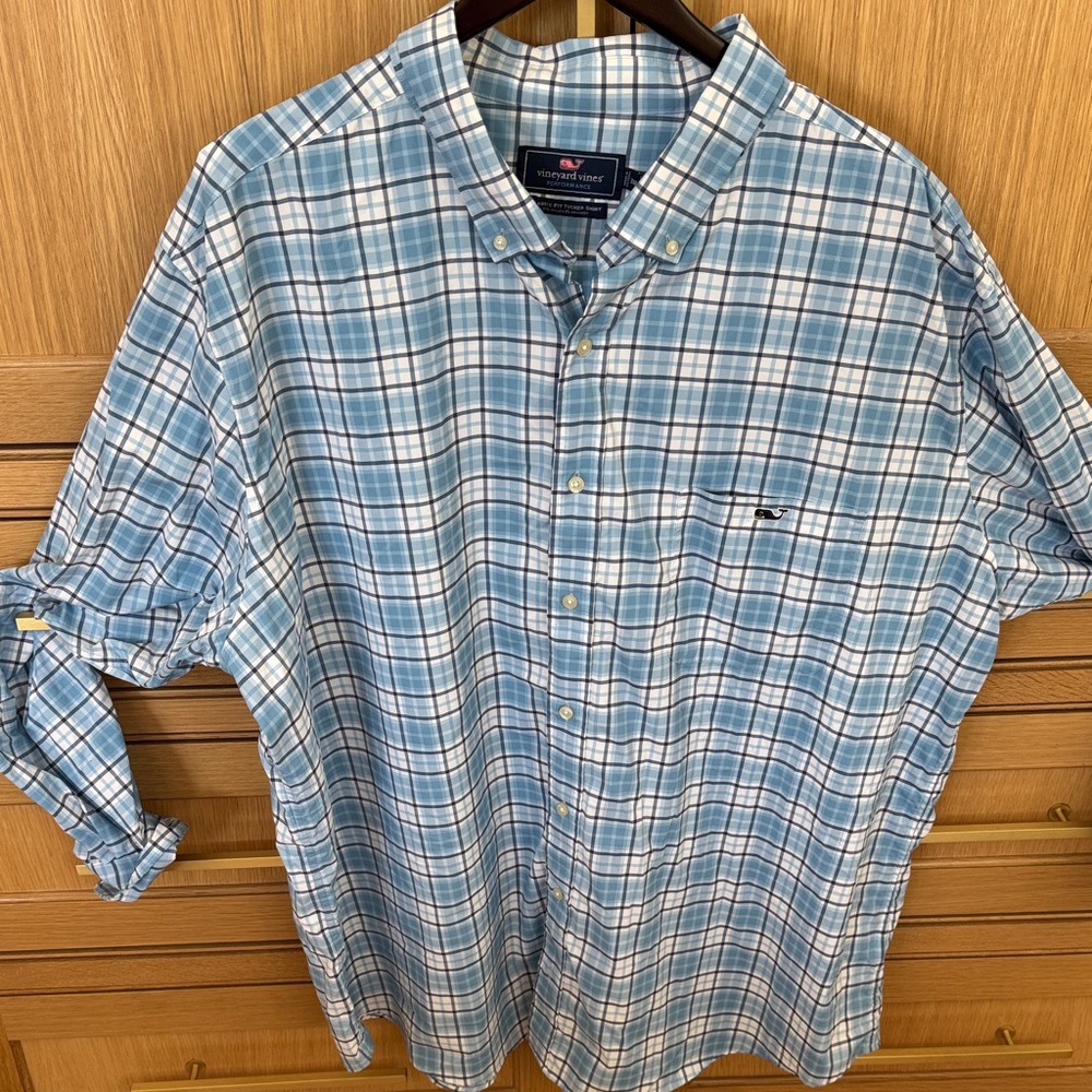 Vineyard Vines Light Blue and White Plaid Button-Down Shirt